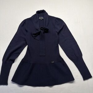 Luisa Spagnoli Pure New Wool Navy Bow Peplum Sweater Gold Logo‎ Italy Size S